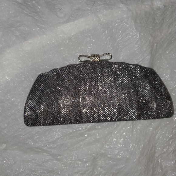 Handbags - Cute Sparkle Small Clutch With Bow Décor Over The Shoulder Metal Strap